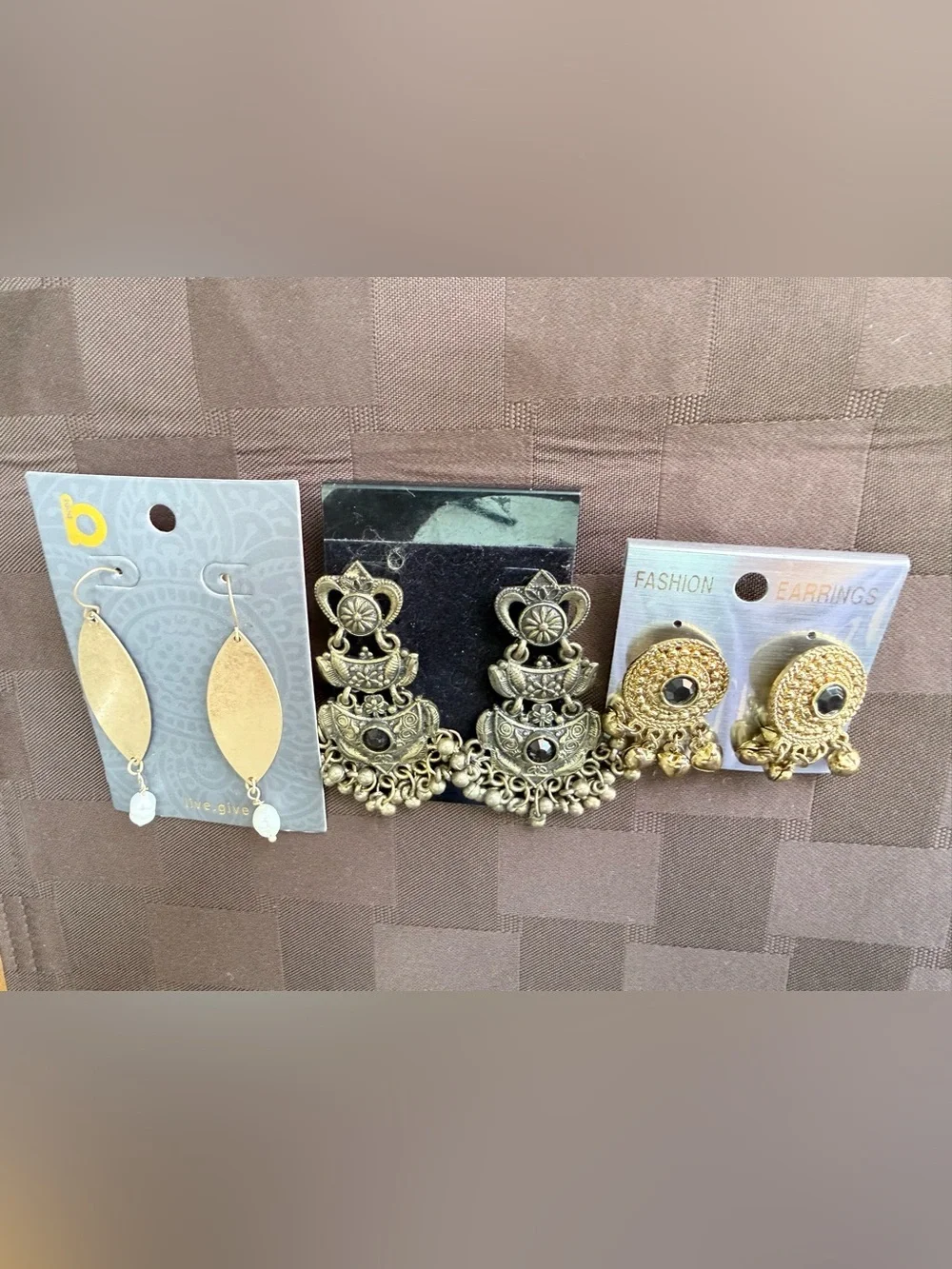 Boho Statement Earring Lot - 3 Pairs (Chandelier, Jhumka, Leaf Dangle)